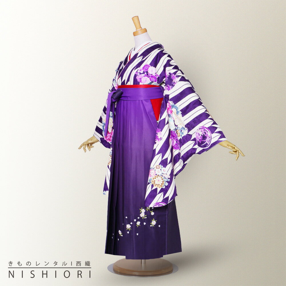 二尺袖 着物 と袴 フルセット レンタル 【貸衣装・卒業式】【レトロ 古典】袴・袴 選べる3サイズ S M L 【ジュニア袴(小学生)対応可】 紫 白 矢羽 鞠 花輪 紫【往復送料無料】