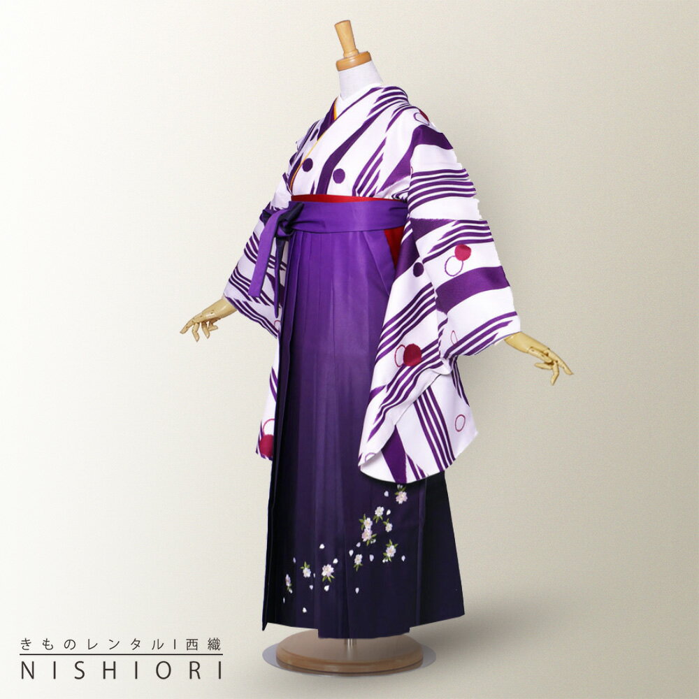 【お買い物マラソン!お得なクーポン配布中!】二尺袖 着物 と袴 フルセット レンタル 【貸衣装・卒業式】【レトロ 古典】袴・袴 選べる3サイズ S M L 【ジュニア袴(小学生)対応可】 白 紫 変わり矢絣【往復送料無料】