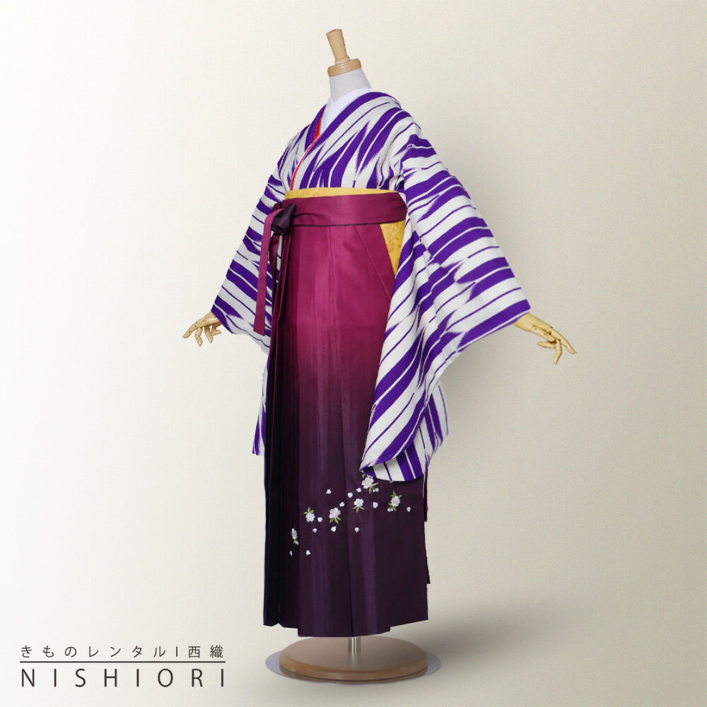 二尺袖 着物 と袴 フルセット レンタル 【貸衣装・卒業式】【レトロ 古典】袴・袴 選べる3サイズ S M L 【ジュニア袴(小学生)対応可】 矢絣井 矢羽 白 青 ワイン ボカシ 刺繍【往復送料無料】