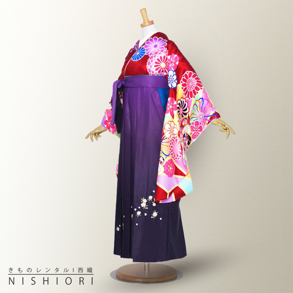 絵羽柄 二尺袖 ブランド着物 と袴 フルセット レンタル 【From KYOTO】往復送料無料 貸衣装・卒業式 古典 モダン レトロ【Sサイズ Mサイズ Lサイズ/ジュニア袴(小学生)対応可】金彩 赤 ねじり梅 紫【往復送料無料】