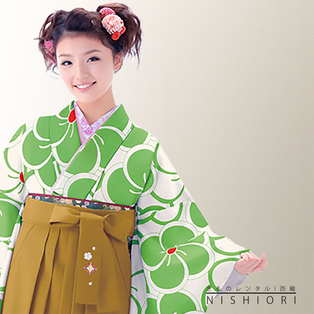 二尺袖着物 と 刺繍袴 フルセット レンタル 往復送料無料 貸衣装・卒業式 古典 モダン レトロ【Mサイズ/ジュニア袴(小学生)対応可】黄緑 ねじり梅【往復送料無料】