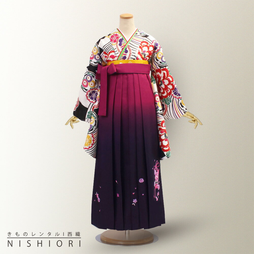 二尺袖 着物 袴 レンタル フルセット 貸衣装 和遊日 古典柄 往復送料無料 【Mサイズ/ジュニア袴(小学生)対応可】黒 牡丹 ワイン 鞠【往復送料無料】