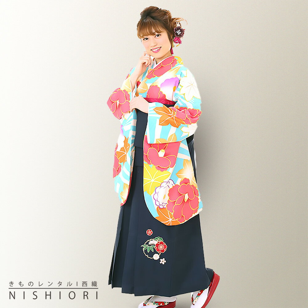 二尺袖 着物 袴 レンタル フルセット 貸衣装 古典柄 往復送料無料 卒業式 入学式【Mサイズ/ジュニア袴(小学生)対応可】水色 椿 もみじ【往復送料無料】