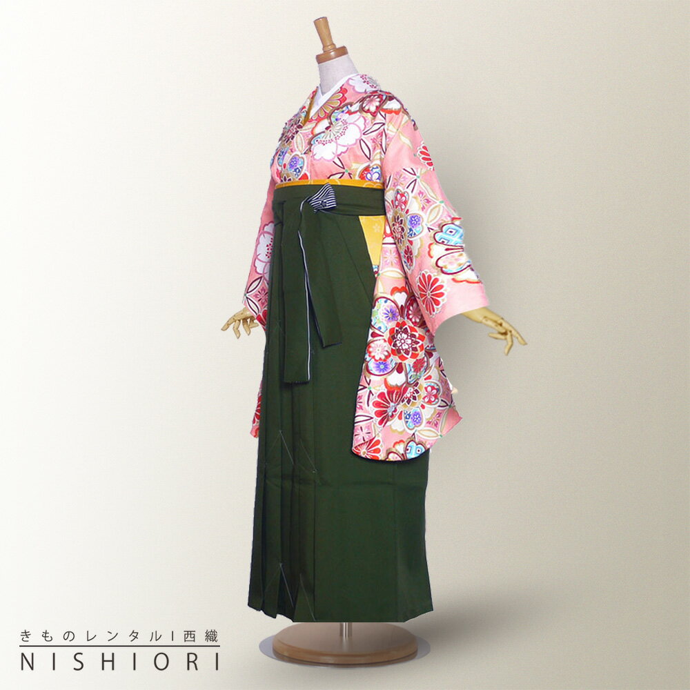 二尺袖 着物 と 袴 フルセット ハイクラスレンタル 往復送料無料 貸衣装 卒業式 古典 モダン レトロ【SSサイズ　Sサイズ Mサイズ/ジュニア袴(小学生)対応可】ピンク 桃色 緑 グリーン 金彩【往復送料無料】