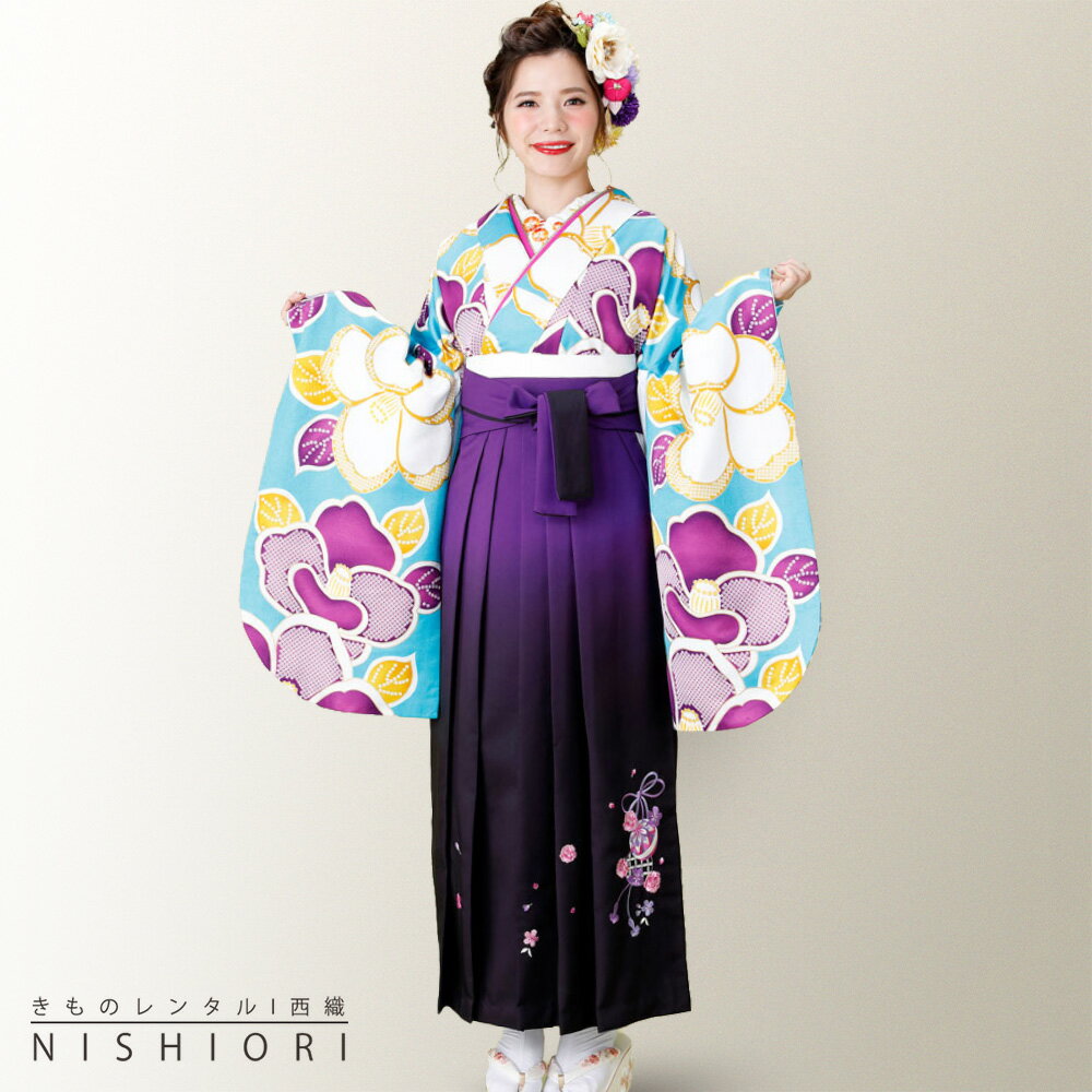 和遊日 二尺袖 着物 袴 レンタル フルセット 貸衣装 古典柄 往復送料無料 【Sサイズ/ジュニア袴(小学生)対応可】ぼかし 紫 水色【往復送料無料】(4)