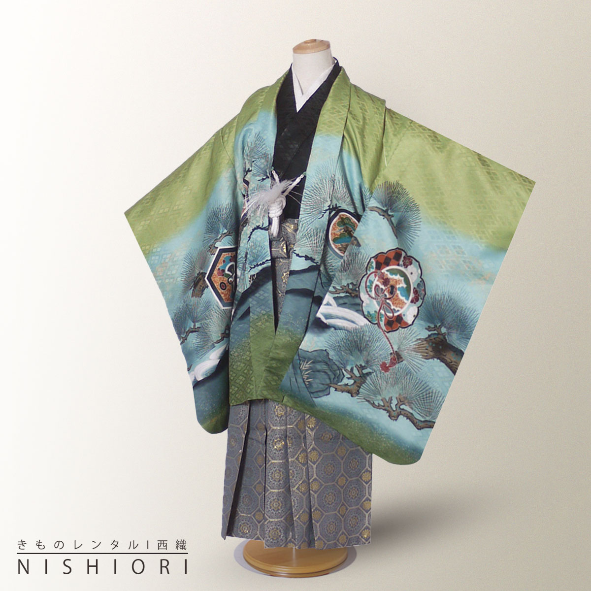 レンタル 卒園 七五三 【かんたん着付け】羽織袴 五歳 男児 着物 アンサンブル セット フルセット【5歳 貸衣装 子供 男の子 着物セット】お正月 卒業式【往復送料無料】 地模様入り 鷹 緑 新品足袋プレゼント