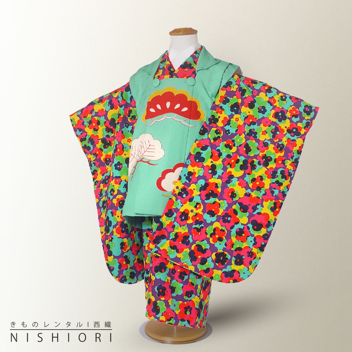 七五三 レンタル 女の子 3歳 着物 被布 753着物 フルセット 着物レンタル 貸衣装 七五三 三歳 子供着物 女児 子ども 結婚式 和装新ブランド【LILLI】 緑 モザイク【往復送料無料】No.3030 新品足袋プレゼント