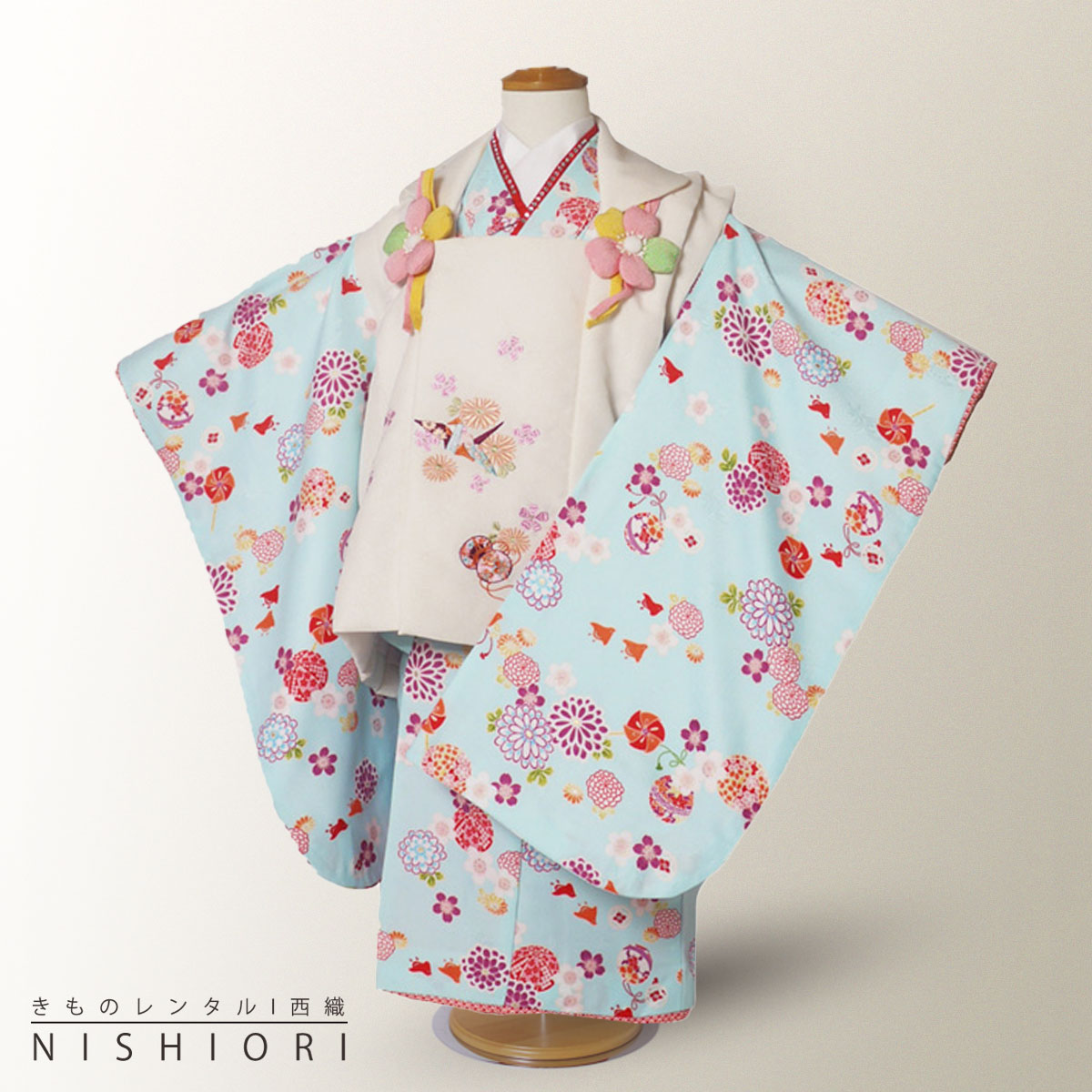 【お買い物マラソン!お得なクーポン配布中!】七五三 レンタル 女の子 3歳 着物 被布 753着物 フルセット 着物レンタル 貸衣装 七五三 三歳 子供着物 女児 子ども 結婚式 和装R・KIKUCHI 水色 R・K【往復送料無料】No.3119 新品足袋プレゼント
