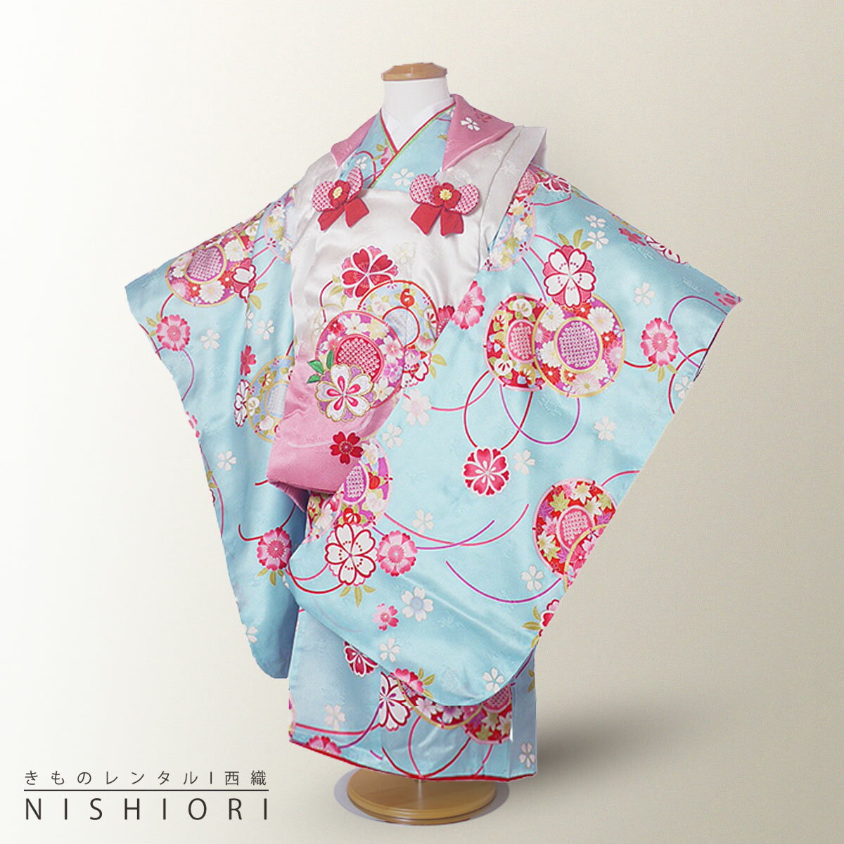 七五三 レンタル 女の子 3歳 着物 被布 753着物 フルセット 着物レンタル 貸衣装 七五三 三歳 子供着物 女児 子ども 結婚式 和装KAWAIINA 正絹 高級 ピンク 水色【往復送料無料】No.3126 新品足袋プレゼント