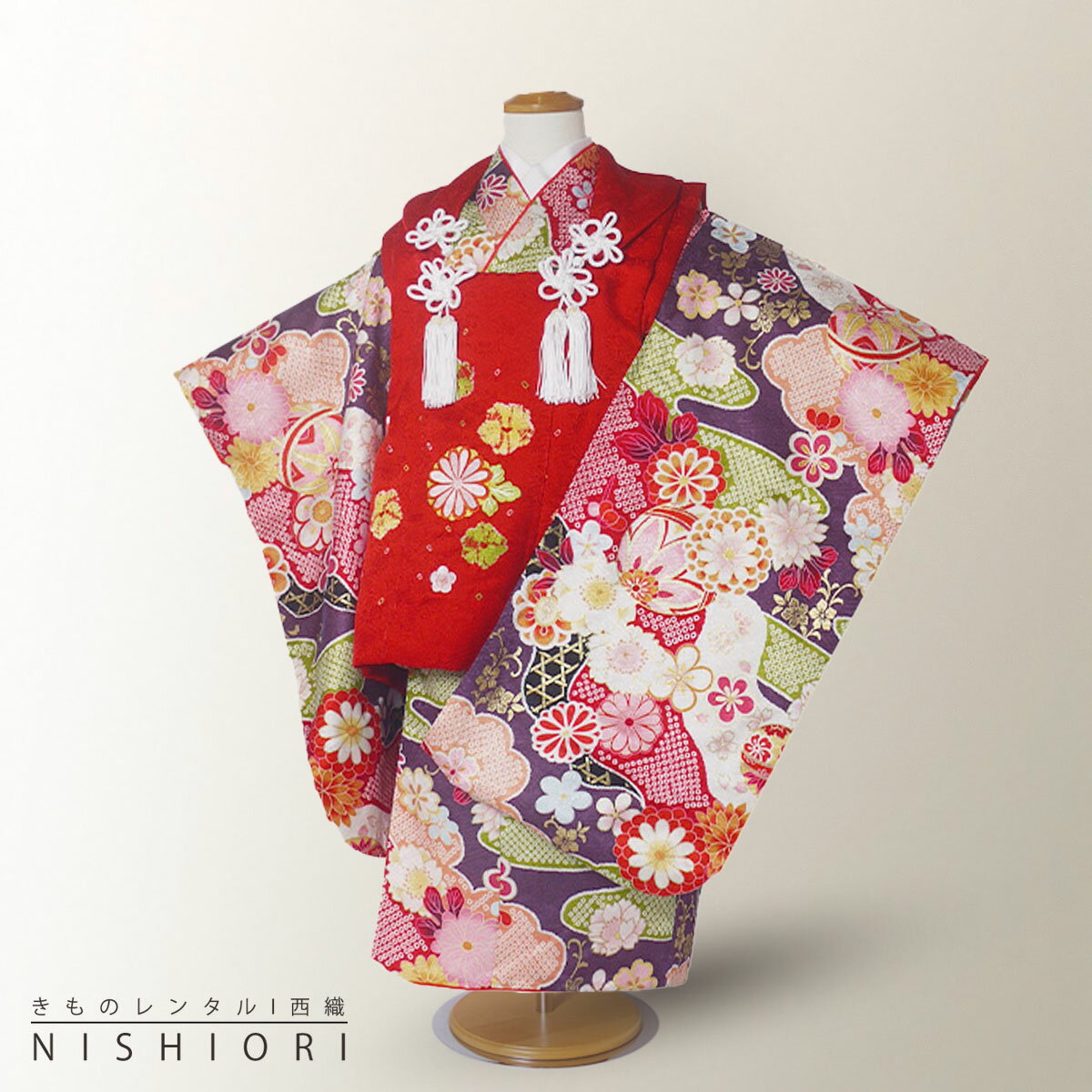七五三 レンタル 女の子 3歳 着物 被布 753着物 フルセット 着物レンタル 貸衣装 七五三 三歳 子供着物 女児 子ども 結婚式 和装 式部浪漫 ブランド 正絹 シルク 高級 赤 紫 鞠【往復送料無料】No.3199 新品足袋プレゼント