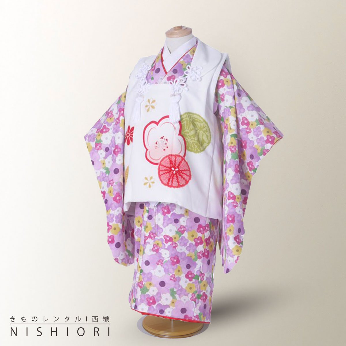 【お買い物マラソン!お得なクーポン配布中!】七五三 レンタル 女の子 3歳 着物 被布 753着物 フルセット 着物レンタル 貸衣装 七五三 三歳 子供着物 女児 子ども 結婚式 和装 KAGURA ブランド 小花 紫 白【往復送料無料】No.3241 新品足袋プレゼント