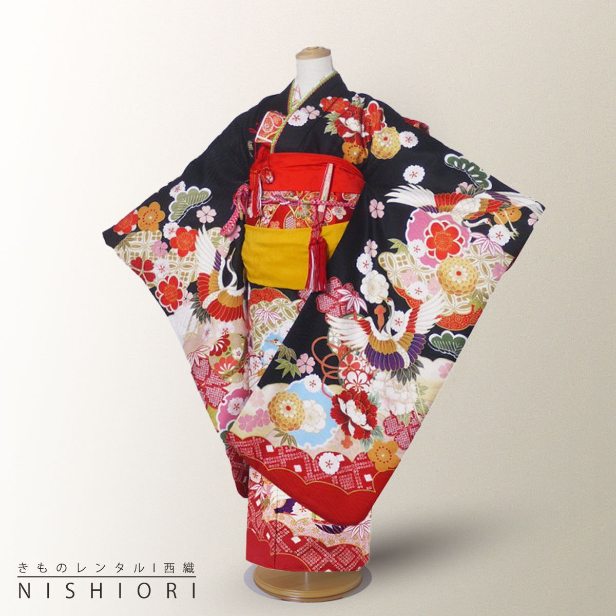 式部浪漫 ブランド 七五三 レンタル 四つ身 着物 フルセット【7歳 貸衣装 七歳 7才】子供 女児 和服 セット 古典【往復送料無料】黒 鶴 赤 新品足袋プレゼント