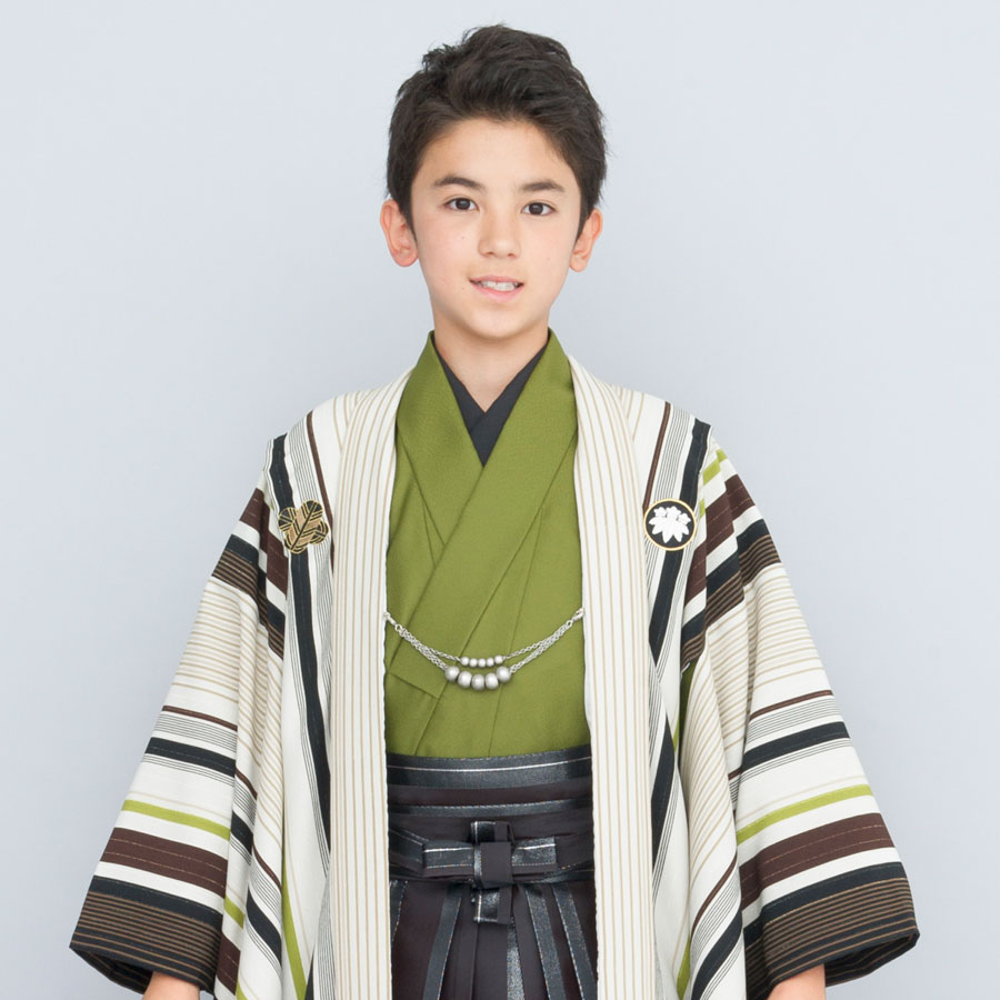 小学生 着物 ジュニア 男児 羽織 袴 レンタル フルセット 往復送料無料 九重ブランド【卒業式 貸衣装 正装】飾り紋 白 抹茶 黒 縞【往復送料無料】 2
