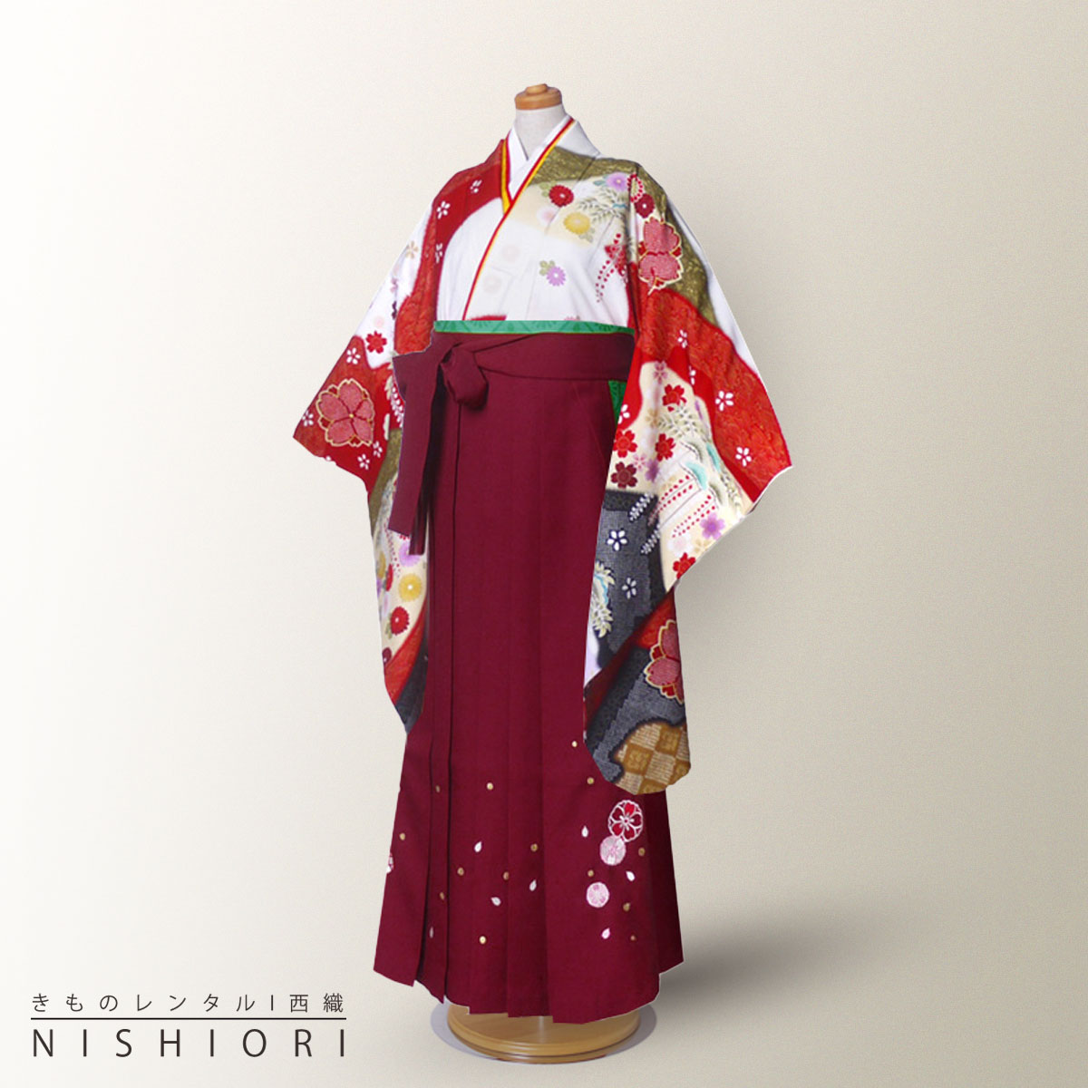 ジュニアサイズ 二尺袖 着物 と袴 フルセット レンタル 往復送料無料 貸衣装・卒業式 古典 モダン レトロ【最安値に挑戦】【ジュニア/小学生 対応可】赤 白 藤 桜 青【往復送料無料】