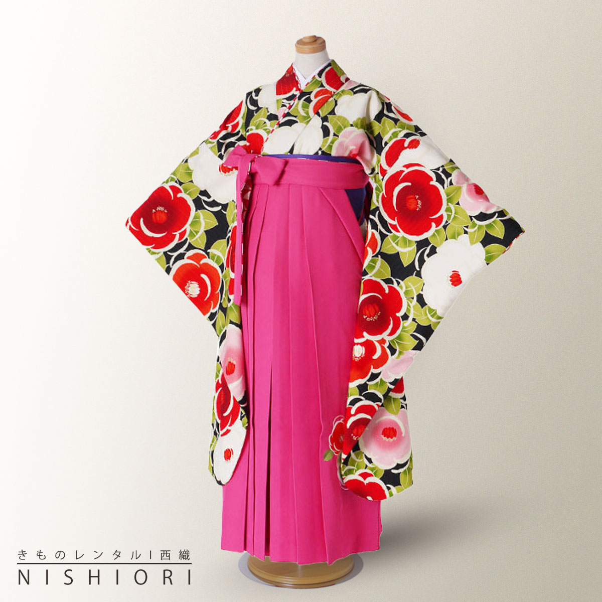 ジュニア 二尺袖 着物 袴 レンタル フルセット 紅一点 ブランド 往復送料無料【十三参り 卒業式 貸衣装 小学生】古典柄 黒 ピンク【往復送料無料】
