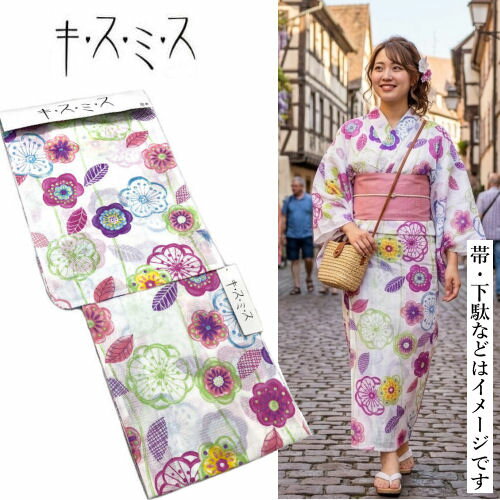 Pink Dianthus - ゆかた キスミス 浴衣 白 ホワイト 仕立て上がり ブランド浴衣 YUKATA 紅梅織り フリーサイズ レディース 単品 花柄 パープル ピンク ブルー 綿100％ 夏着物 お仕立て上がり レトロ モダン お祭り 花火 夏きもの プレタ 送料無料