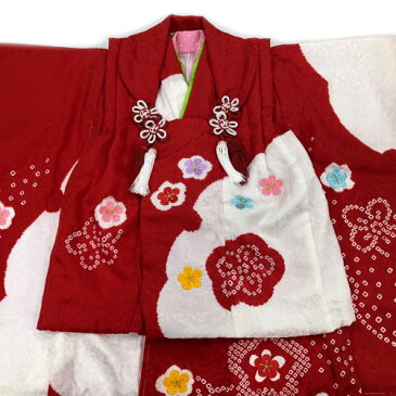 【送料無料】 七五三着物3歳 正絹 女の子被布セット 赤色 本絞り 雪輪染め 日本製 3歳 七五三 女児 刺繍 金彩使い 梅 桜 かわいい おしゃれ 絹 人気 女の子 ひな祭り お正月 被布 三歳 3才 かかとゴム付き草履 巾着 髪飾り 絹100%