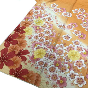 【送料無料】本振袖　お仕立て上がり　成人式　正絹　袷仕立て　オレンジ　桜柄　刺繍　モダン　古典柄　振袖　日本製　礼装　フォーマル　おしゃれ　卒業式　袴　結婚式　披露宴　パーティ　正装　着物　和装　和服　呉服　たとう紙付き　単品　さくら