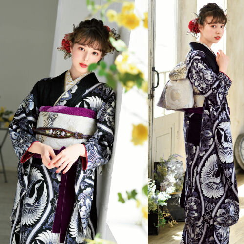 振袖 仕立て上がり 正絹 本振袖 振り袖 成人式 絹 袷仕立て 金彩友禅 黒地 鶴模様 立て枠模様 金駒刺繍 ブラック モダン柄 お仕立て上がり 新品 未使用 日本製 礼装 フォーマル おしゃれ 卒業式 袴 結婚式 披露宴 パーティ 着物 和装 和服 呉服 たとう紙付き 単品 送料無料