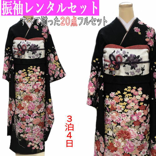 レンタル 振袖 すべて揃った20点 正絹振袖 京友禅 レンタルセット 貸衣装 袷仕立て 四季花 黒 ブラック フルセット 着物 成人式 結婚式 卒業式 往復送料無料 古典柄 振袖レンタル フルセットレンタル レンタル着物 本振袖(4)