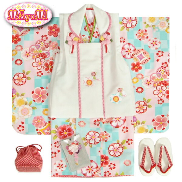 七五三 着物 3歳 女の子 被布セット マユミブランド 濃淡水色市松グラデーション 桜 金彩使い 被布桜刺繍白色 足袋付セット