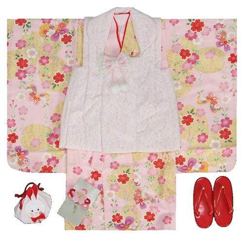 七五三 着物 3歳 女の子 被布セット ブランド和がまま 黄色 ピンクぼかし レース使い被布 桜 金彩 雛祭り お正月