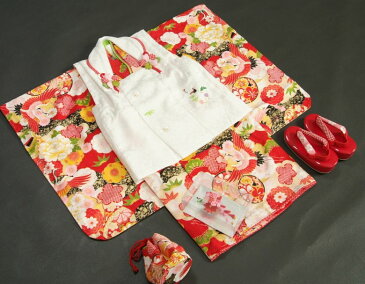 七五三 着物 正絹 3歳 女の子 被布セット 京都花ひめブランド 赤色 飛翔鶴 被布白 刺繍使い 足袋付セット 753 日本製