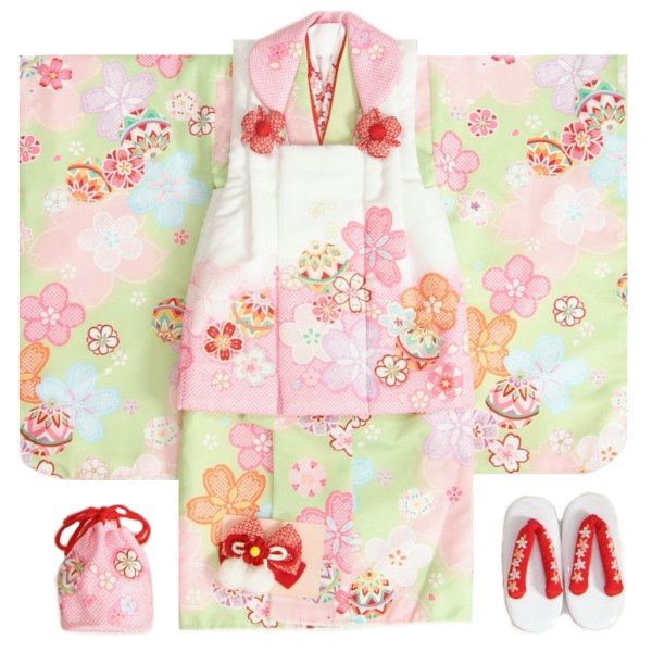 七五三 着物 3歳 女の子 被布セット 麗蘭ブランド 黄緑色地着物 3色桜 被布白ピンク疋田染め分け 足袋付きセット