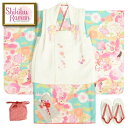 七五三 着物 3歳 女の子 被布セット 式部浪漫ブランド 濃エメラルドグリーン色 飛翔鶴 牡丹 被布白 桜刺繍 足袋付セット 753