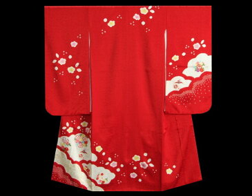 七五三　着物　7歳正絹着物フルセット　赤　本絞り　刺繍華輪金彩　金襴地重ね仕立て帯セット　足袋に腰紐など20点セット　日本製