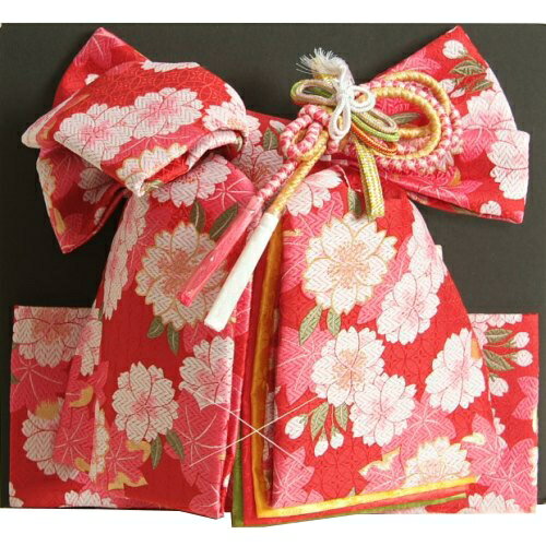 七五三着物用祝い帯　7歳用　赤地　八重桜柄　七宝地紋生地　重ね作り仕様　飾り紐付き　大サイズ　日本製