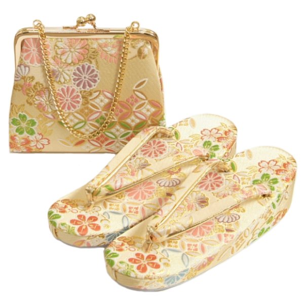 7歳用 七五三に最適な草履バッグセット ベージュ金襴 有職文様 桐生織生地 日本製