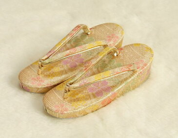 七五三 草履単品 7歳用 ベージュゴールド色 桜文様 かかと一枚芯 大サイズ 日本製