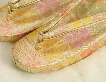 七五三 草履単品 7歳用 ベージュゴールド色 桜文様 かかと一枚芯 大サイズ 日本製