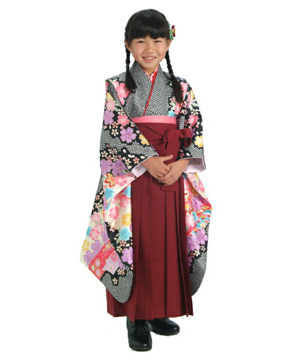 幼稚園保育園卒園袴着物4点セット花ひめブランドキッズサイズ黒地総疋田柄エンジ刺繍袴ピンク黄色両面帯