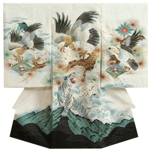 お宮参り 着物 男の子 赤ちゃん 正絹初着 男の子用産着 白裾黒色染め分け 鷹 虎 刺繍使い 菱地紋生地