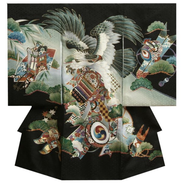 お宮参り 着物 男の子 正絹初着 男の子用産着 黒色 ぼかし 鷹 束ね熨斗 地紋生地のサムネイル