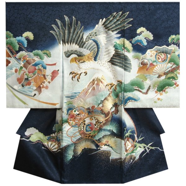 お宮参り 着物 男の子 正絹 赤ちゃん初着 紺色 鷹 富士山 刺繍使い 吹雪地紋生地