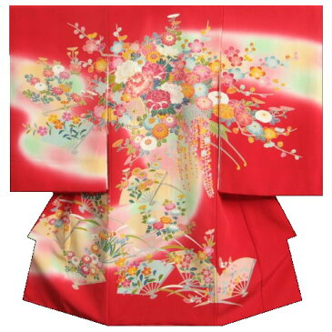 お宮参り着物 正絹女児初着 赤色 百花繚乱 手描き 手染め 純国産生糸使用 浜ちりめん生地 桐箱付き 日本製