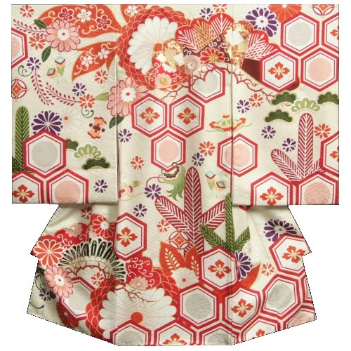 お宮参り 着物 女の子 正絹初着 オフホワイト 牡丹 松唐草文様 刺繍使い 金彩 地紋生地 日本製のサムネイル