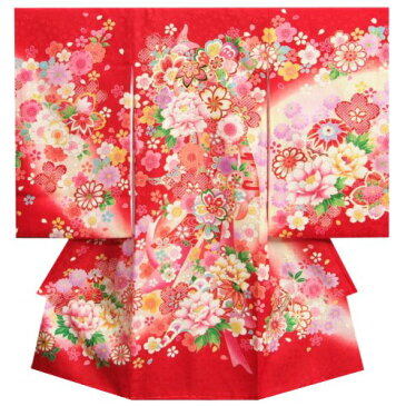 お宮参り 着物 女の子 正絹初着 赤 桜 まり 刺繍牡丹 金刺繍使い 小桜地紋生地