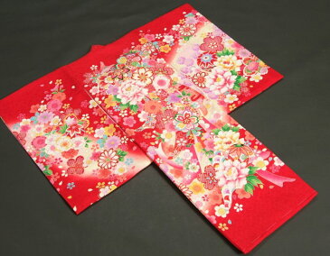 お宮参り 着物 女の子 正絹初着 赤 桜 まり 刺繍牡丹 金刺繍使い 小桜地紋生地