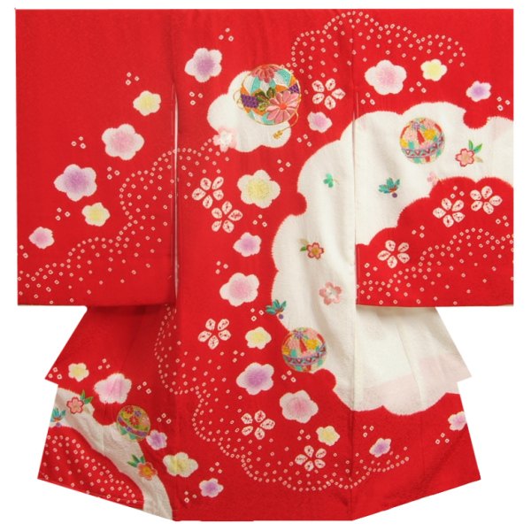 お宮参り 着物 女の子 赤ちゃん 正絹女児初着 女の子用産着 赤 雪輪染め 本絞り 刺繍使いまり 紗綾桜地紋 金彩使い 日本製のサムネイル