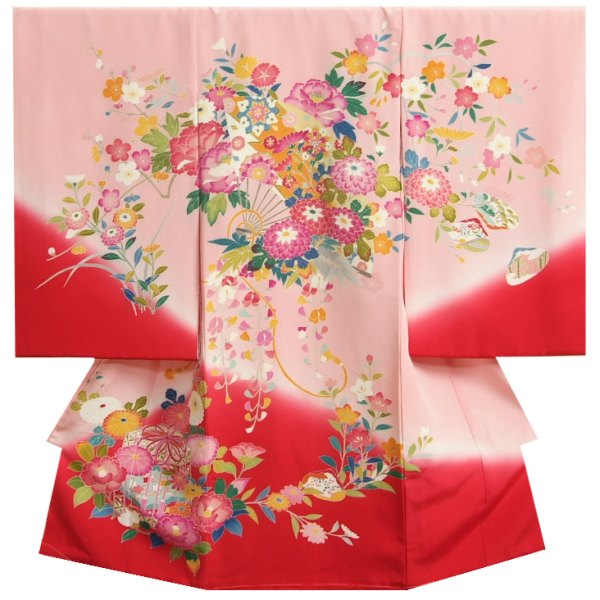 お宮参り 着物 女の子 正絹 女児初着 ピンク地赤色斜染め分け 百花繚乱文様 手描き 手染め 純国産生糸使用 浜ちりめん生地 桐箱付き 日本製