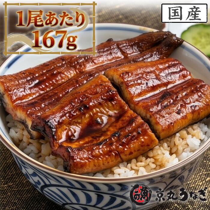 ■ 食べ応えのある満足感。1尾「約167g」の大ぶりサイズ 一般的な専門店サイズよりも一回り大きく、ふっくらとした肉厚な「大ぶりサイズ」を厳選しました。 1尾あたり約167gというボリュームは、ご飯が見えなくなるほどの満足感。食卓を豪華に彩ります。 お選びいただく尾数に合わせて、ご夫婦での特別なお食事から、ご家族みなさんで囲む賑やかな食卓まで、幅広くお楽しみいただけます。 ■ こだわりの「国産」うなぎ。静岡県・愛知県産 うなぎの名産地として知られる静岡県、および愛知県から、プロの目利きで質の良いニホンウナギを厳選。 恵まれた水環境で育ったうなぎは、身が柔らかく、脂の乗りが上品なのが特徴です。 安心・安全な国産ブランドの誇りを持って、確かな品質をお届けします。 ■ 職人技が光る「京丸うなぎ」の焼き うなぎ専門店「京丸うなぎ」が、熟練の職人技で丹精込めて焼き上げました。 じっくりと蒸しを入れ、余分な脂を落としながらも、旨味をギュッと閉じ込める。 外は香ばしく、中はふっくらとろけるような食感。 タレと絡み合う伝統の味を、ぜひご堪能ください。 ■ 大切な想いを届ける「化粧箱入り」 ギフトとしてそのままお渡しいただけるよう、高級感のある専用の化粧箱に入れてお届けします。 ・お歳暮・御年賀に：一年の感謝を込めた特別な贈り物として。 ・誕生日・記念日に：お祝いの気持ちを伝える豪華なプレゼントとして。 ・お礼・内祝いに：お世話になった方への確かな品として。 山椒付きのタレもお選びいただいた尾数分を同梱。届いてすぐに、本格的な「うな重」や「うな丼」をお楽しみいただけます。 商品説明（商品属性・必須記載事項） 名称 うなぎ蒲焼（ニホンウナギ） 原材料名 うなぎ（静岡県産・養殖もしくは愛知県産・養殖）、醤油（小麦・大豆を含む）、砂糖、ぶどう糖果糖液糖、発酵調味料、水あめ、鰻エキス（小麦・大豆を含む）／酒精、調味料（アミノ酸等）、増粘剤（加工澱粉、増粘多糖類）、着色料（カラメル、アナトー） 【添付タレ】醤油（小麦・大豆を含む）、砂糖、発酵調味料、鰻エキス、酒精、増粘剤（加工澱粉）、調味料（アミノ酸等）、着色料（カラメル、アナトー）、山椒 内容量 167g（1尾あたり）（タレ・山椒 尾数分付き） 総重量 ※お選びいただいた尾数により異なります（うなぎ本体重量：1尾あたり約167g） 総個数 1箱（お選びいただいた尾数入り） 産地（都道府県） 静岡県 または 愛知県 賞味期限 発送から30日（解凍後冷蔵保存で3日以内にお召し上がりください） 保存方法 要冷凍（－18℃以下） 製造者 京丸うなぎ株式会社 静岡県沼津市春日町33-7 TEL: 055-951-0358 アレルギー情報 小麦・大豆
