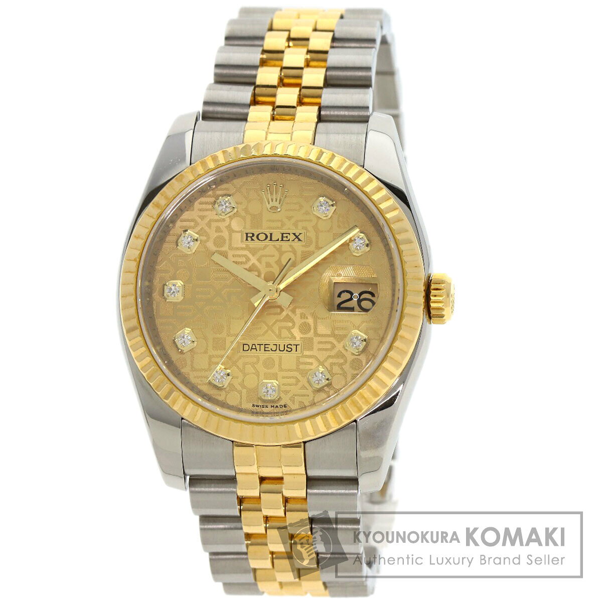 ギフト対応 31406 分割均等 60回31406円 分割均等 54回34661円 分割均等 48回38730円 分割均等 42回43961円 分割均等 36回48827円 このアイテムのキーワード メンズ 腕時計 ROLEX カラー：ゴールド系 ステンレススチール コンディションAランク 【cacfbbbf】 【ブランド品買取・通販】ズーム機能により、細かな商品状態を確認出来ますが、実際には目立たない程度のダメージもございます。 商品番号 71010002 タイプデイトジャスト 10P ダイヤモンド 116233G V番 素材ケース：ステンレススチールバンド：SSxK18YG ケースサイズ約35mmx44mmケース厚み約11.8mm腕周り約16.5cm文字盤カラーシャンパンCPディスプレイタイプアナログ表示ムーブメント自動巻き防水100M防水付属品ロレックスカード・箱 点検弊社点検済 オーバーホール歴弊社では実施しておりません。 保証期間3ヶ月 >> ランク・程度表の詳細はこちら ケース小キズ/当たりキズベゼル小キズ/キズ/当たりキズ/くすみバンド伸び/スレ/小キズリューズ小キズ/スレ/当たりキズ文字盤窓スレ/小キズ裏蓋小キズ/キズ ガラスフチ5時方向にカケ、ガラス面6時方向に小キズがございます。商品の詳しい状態、お箱や付属品の有無等、不明点が御座いましたら、 お気軽にお電話下さい。 お問い合わせ先はこちら(075-641-3988)