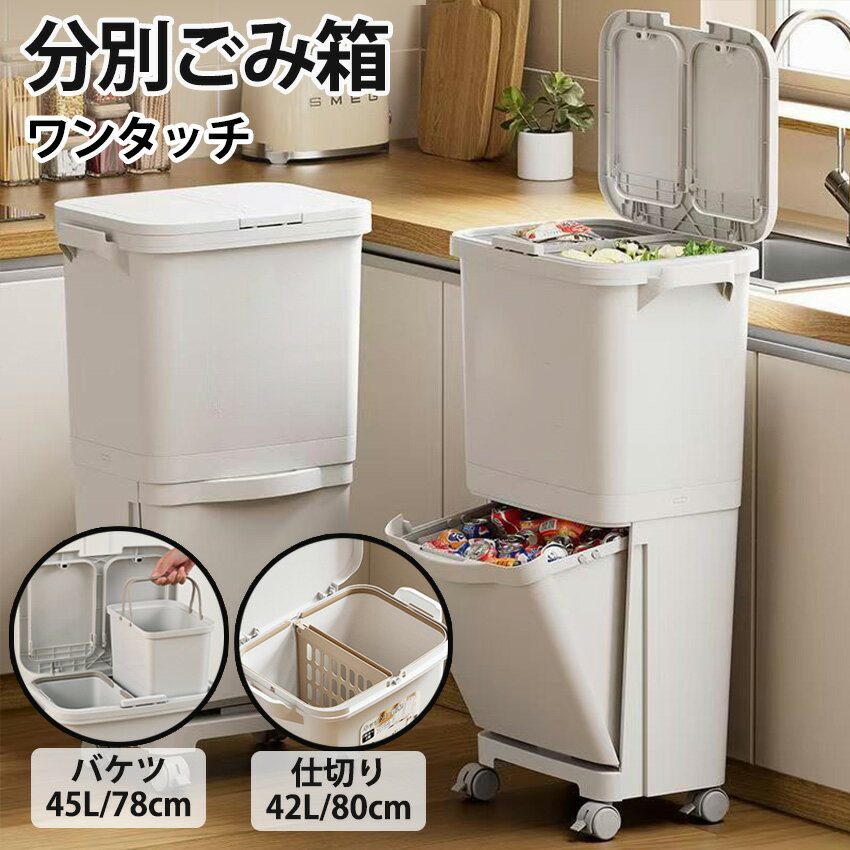 Rakuten - ゴミ箱 2段 ゴミ箱 45L ふた付き ワンタッチ 45リットル 分別 ゴミ箱 スリム 大きめ リビング キッチン ダストボックス キャスター付き 蓋 両開き 片開き 分別 ふたつき おしゃれ ふた付ゴミ箱 42L 45L