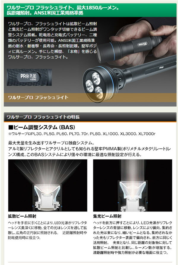 LEDフラッシュライト(懐中電灯) 防水/コンパクト/耐衝撃/長寿命 ビーム調整システム ワルサープロPL30