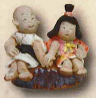 (和雑貨)手作りの陶人形 一休さんとさよちゃん仲良し切り株 学習教材 教材