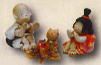 (和雑貨)手作りの陶人形 一休さんとさよちゃんたき火 学習教材 教材